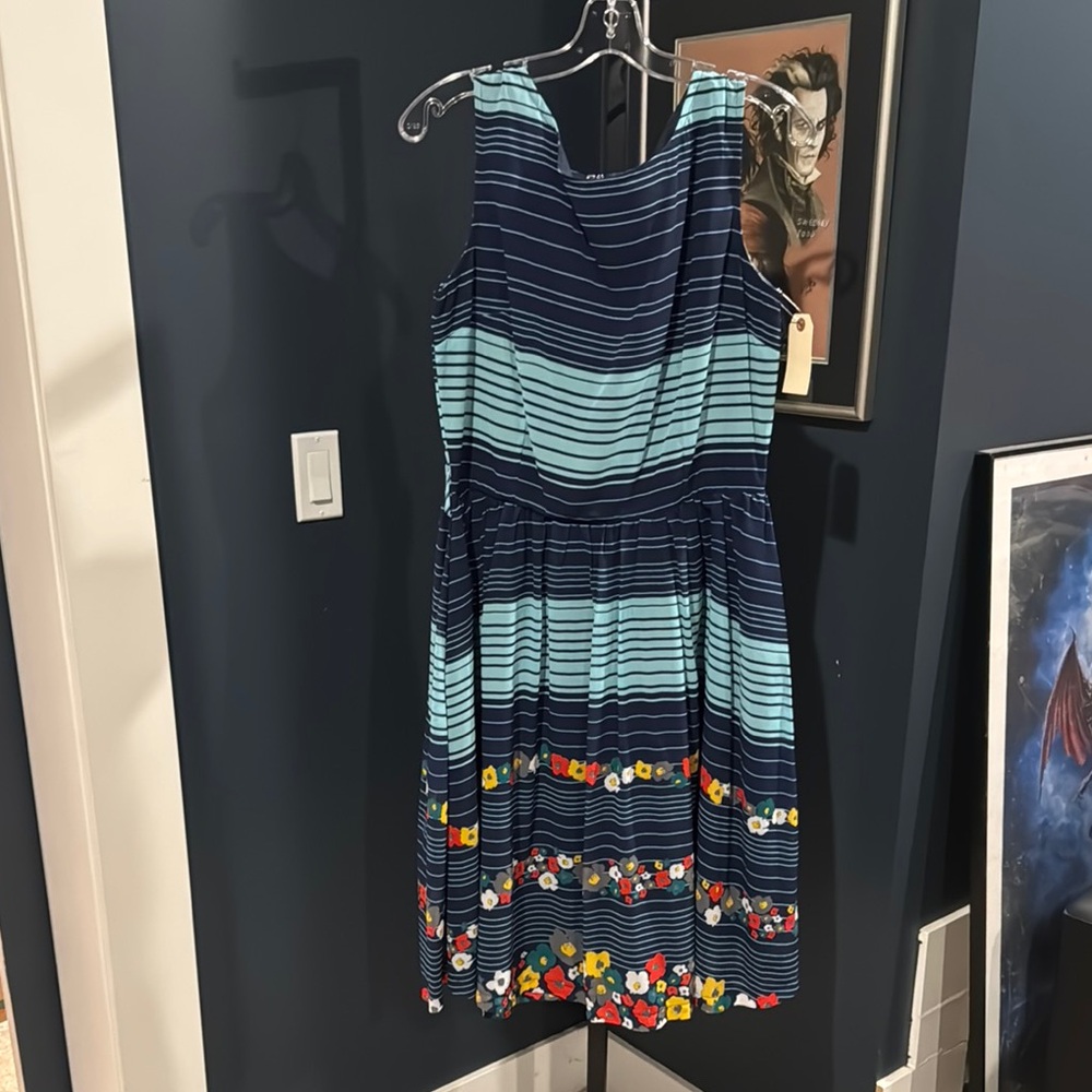 Striped Blue Sleeveless Dress with Floral detail - Size L